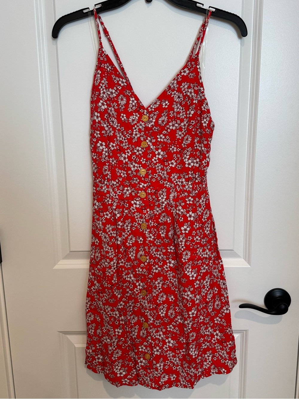 FAVLUX Red Floral Button-Front Spaghetti Strap Mini Dress